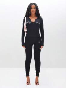 BABYPHAT Leggings skinny taille haute grande taille avec détail du logo chat et script strass sur le devant - Noir - Voir 1