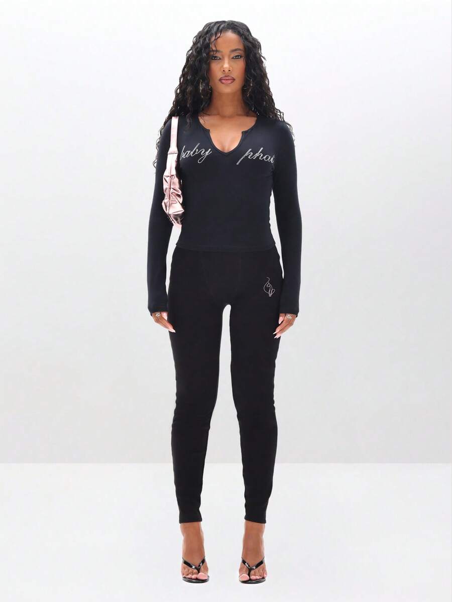 BABYPHAT Leggings skinny taille haute grande taille avec détail du logo chat et script strass sur le devant - Noir - Voir 1
