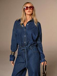 Avantive 秋冬 万圣节 圣诞节 新年 外出 毕业舞会 优雅 正式 奢华 时尚 商务休闲 生日/办公室服装/乡村 音乐会/俱乐部服装 性感/西部/工作服/街头服饰/复古/节日/鸡尾酒会/狂欢/舞会/夏威夷/机场/搞笑/基本款/早午餐服装/2000 年代风格/紧身/老钱风格/教堂/返校节/优雅/派对/端庄/约会之夜/长袖/牛仔/蓝色水洗低腰宽松阔腿直筒牛仔连体裤 - 藍色 - 查看 5