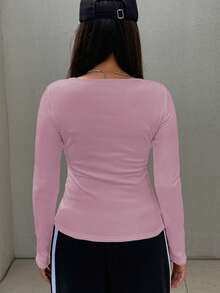 FRIFUL 女士休闲纯色抓绒T恤，适合秋冬季节穿着，长袖设计 - 粉色 - 查看 4