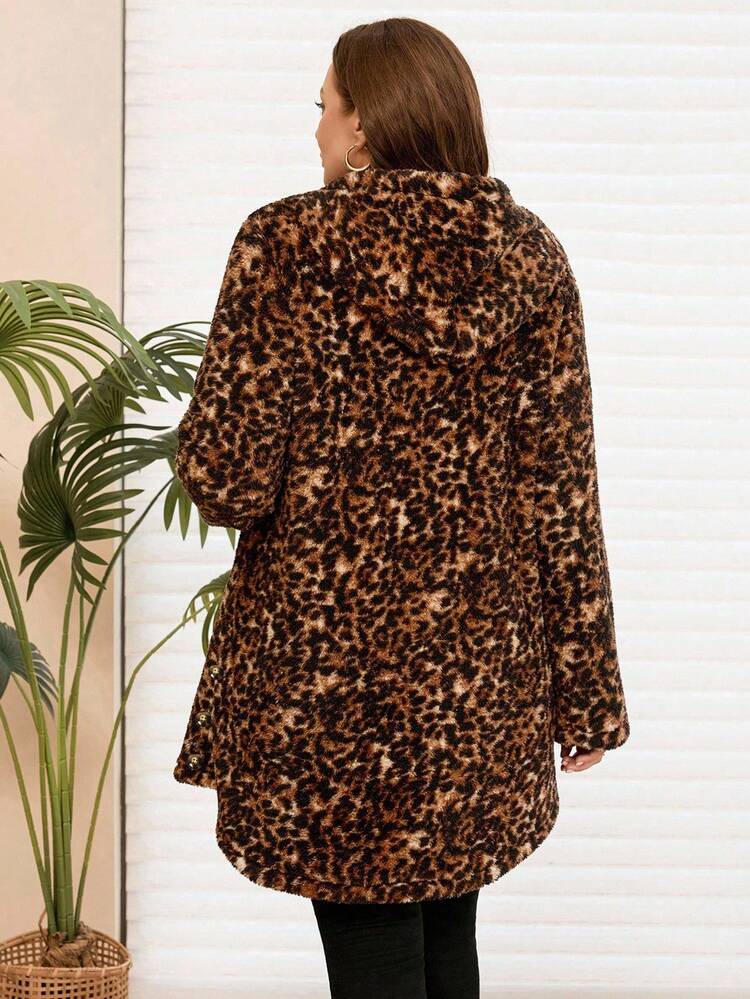 Plus Size Women Elegant Casual Old Money Style Leopard Faux Fur Hooded Coat With Button Decor And Pockets,Fuzzy Warm Coat,Going Out, New,Breathable And Comfortable