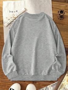 Glissea 女式休闲字母与汽车印花圆领长袖宽松运动衫，秋季 - 灰色 - 查看 2