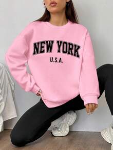 SHEIN EZwear 2 件纽约印花宽松圆领运动衫和紧身打底裤套装，秋冬 - 彩色 - 查看 3