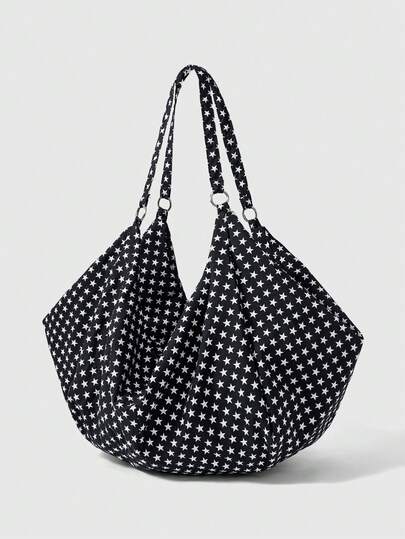 Anime Bolso de hombro de gran capacidad para mujer, estilo vintage minimalista a lunares en blanco y negro, bolso de tela casual adecuado para uso diario, viajes, etc.