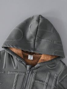 SHEIN 年轻男孩休闲纯色保暖内衬拉链夹克，舒适日常休闲户外穿着，适合秋冬季 - 深灰色 - 查看 3