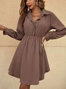 SHEIN Frenchy Gaun Kemeja Pendek Wanita Kasual Sehari-hari untuk Perjalanan, Warna Polos, dengan Ikat Pinggang, Warna Cokelat untuk Musim Semi/Gugur/Dingin - Coffee Brown - View 4