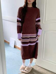 DAZY Striped Loose Long Sleeve Knitted Nightgown, Women Sleepwear Dress For Autumn/Winter Pajama - Brown - View 7