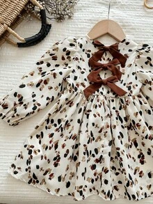Babygirl Cute & Elegant Floral Bow Loose Long Sleeve Dress Baby Girl Boho Dress Leopard Dress Animal Print Clothes Toddler Baby Fall Dress - Beige - View 5