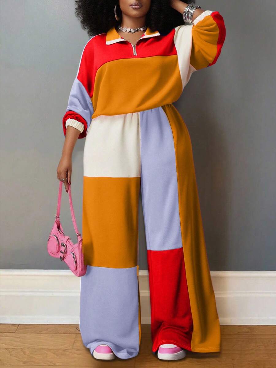 Slaydiva Bộ đồ nữ cỡ lớn Xuân/Thu mới về: Phong cách thường ngày, đường phố, thể thao, mặc nhà, dáng rộng, phối màu, gồm áo hoodie dài tay cổ kéo khóa nửa thân và quần ống rộng. - Nhiều màu - Xem 1