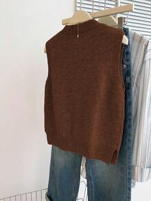 Franclia 休闲宽松圆领无袖灰色针织上衣，搭配中式青蛙纽扣，女士春秋季 - 棕色 - 查看 2