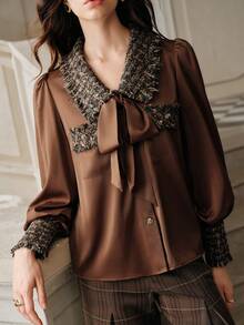 Anewsta Savoree French Retro High-End Loose Patchwork Lantern Sleeve Brown Shirt - Coffee Brown - View 3