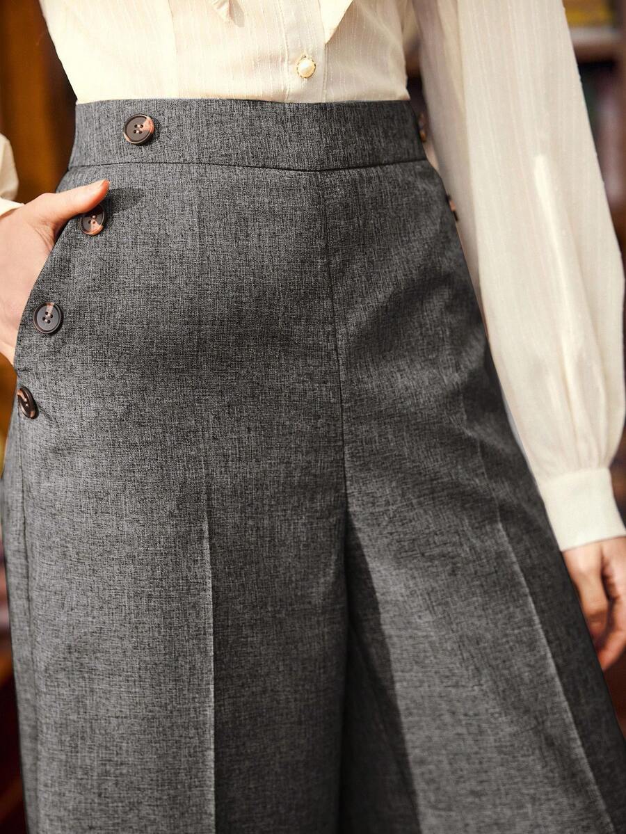 Vintamour 复古经典优雅女裤，合身纽扣口袋直筒裤，咖啡色，适合夏秋季 - 深灰色 - 查看 1