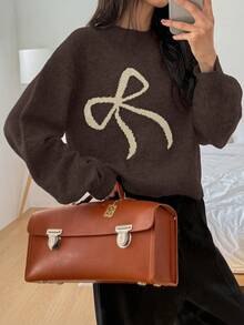 DAZY Women's Bow Embroidered Pullover Knitted Sweater,Fall Women Clothes - Coffee Brown - View 3