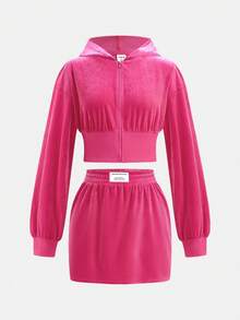 SHEIN 2 件套青少年女孩百搭休闲运动夹克和迷你裙，洋红色，返校季 - 玫紅色 - 查看 11