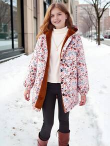 Girls' Casual Comfortable Versatile Everyday Hooded Floral Print Jacket - Apricot - View 2