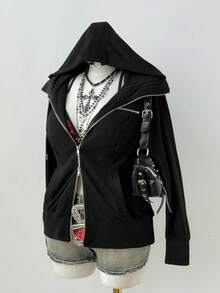 Sunspun Sudadera con cremallera y cordón ajustable de manga larga para mujer de talla grande - Negro - Ver 3