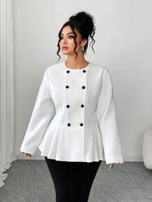 Elenzga Plus Size Round Neck Long Sleeve Double-Breasted Umbrella Hem Elegant Woolen Sweater - White - View 3