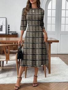 EMERY ROSE Elegant Women's Plaid Knitted A Line Midi Dress With Round Neck And Three Quarter Sleeves Women Work Dresses Tweed Dresses For Women French Style Dress Elegant Midi Dress Long Sleeve Elegant Dress