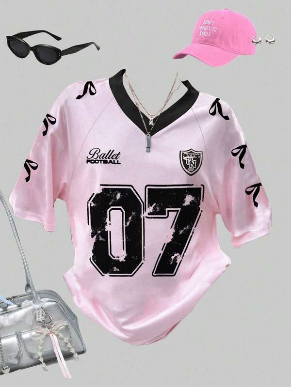 SHEIN Tween Girl Sporty Pink Short Sleeve T-Shirt