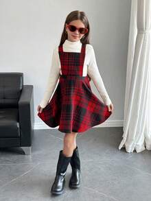 SHEIN Robe à bretelles à carreaux rouges rétro pour préadolescentes, décontractée et polyvalente - Rouge - Voir 5