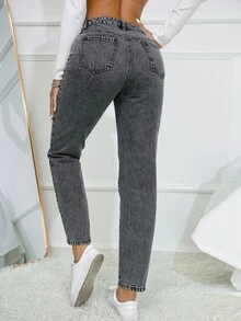 SHEIN Essnce Button Fly Tapered Jeans - Dark Grey - View 2