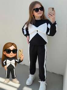 Elladie kids 2pcs Girls Casual All-Match Round Neck Long Sleeve Sweatshirt + Loose Pants Set, Sleeve Bow & Patchwork Design Fall Winter - Black and White - View 2