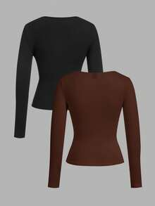 SHEIN EZwear Bộ đồ liền thân cổ vuông 2 món cho nữ, màu đen và nâu, áo dài tay thường ngày, cơ bản mùa xuân/thu - Nhiều màu - Xem 2