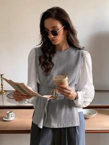 Elyressa Áo thun dài tay cổ tròn thường ngày cho nữ có thiết kế khóa kim loại ở eo - Xám - Xem 6