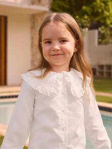 1 pieza Camisa de niña joven de moda para otoño, cárdigan de manga larga con cuello Peter Pan y ribete de volantes, blusa casual, versátil, elegante y linda para ir al trabajo