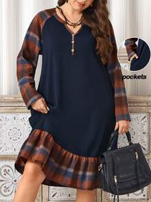 EMERY ROSE Lässiges Karo Patchwork Kleid mit Raglanärmeln und Taschen für Damen in Übergröße, Herbst/Winter, Ausgeh-Outfits, 2025 neue Kleidung, lässige Kleider, fließendes Kleid, Übergrößen-Kleid mit Taschen, Übergrößen-Winterkleider, schlicht und modisch für den Alltag - Verschiedenfarbig - Übersicht 3