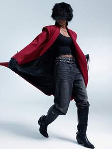 GENKIRA 酒红色个性长袖超大肩廓形宽松版型短款腰带收腰风衣风中长款女士西装外套 - 紅色 - 查看 8