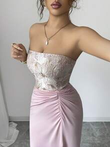 SHEIN Elenzya 女士新款粉色提花拼接弹力牛奶丝露肩无袖褶皱高腰不对称高开衩修身连衣裙，浪漫优雅正式礼服，适合宴会、秋冬 - 粉色 - 查看 6