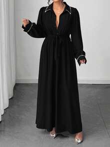 SHEIN Tall Elenzga Women's Elegant Commuter, Faux Pearl Decor, Autumn Dress, Tall Women - Black - View 3