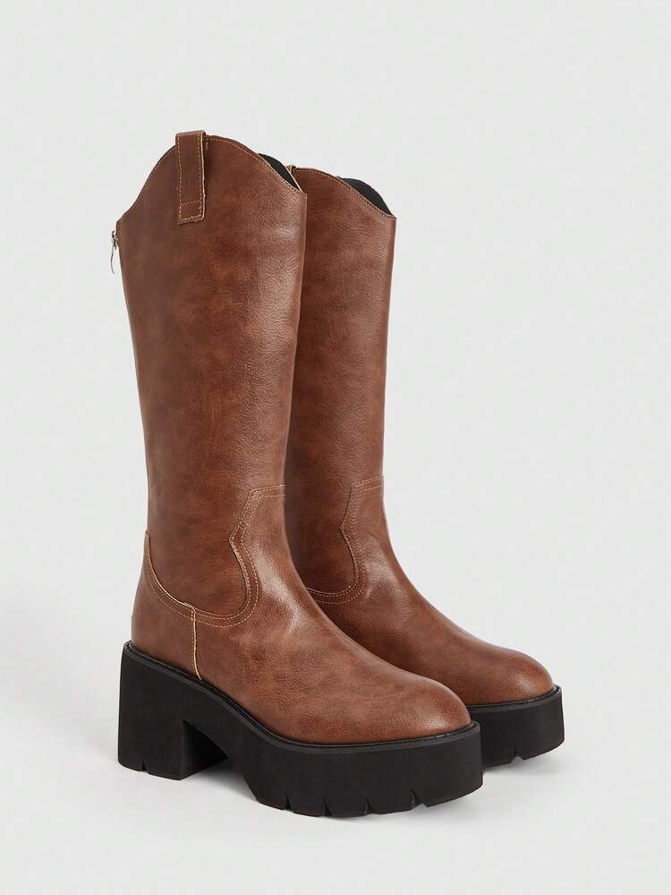 Women's Fashion Black Thick Sole Motorcycle Mid-Calf Boots, Street Style
