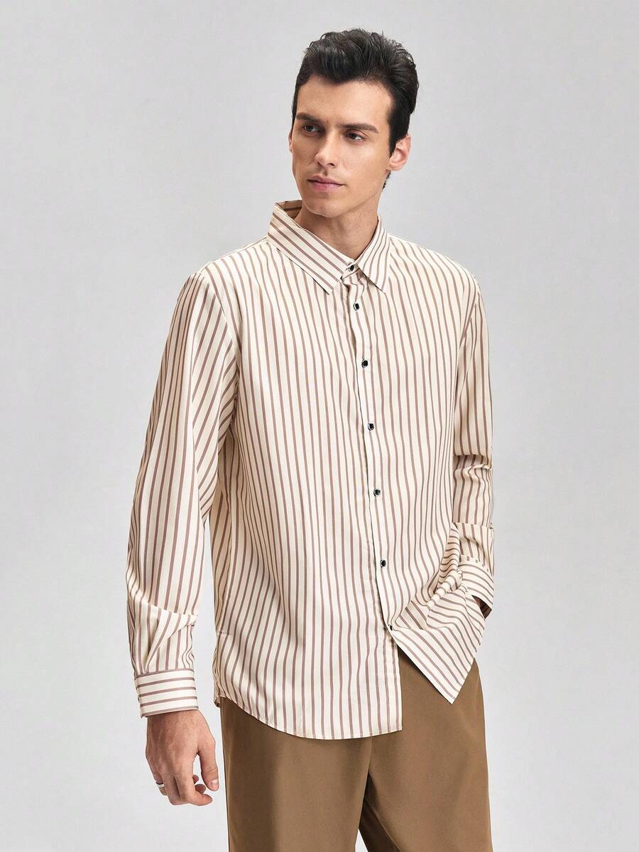 Officeau 男士印花条纹纽扣长袖正装衬衫，秋季复古男士正装衬衫，春夏皆宜