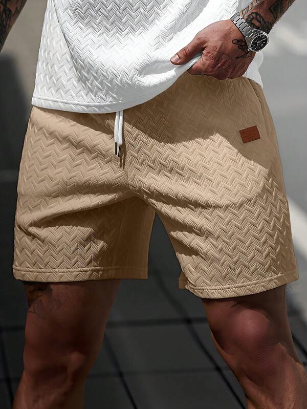 Manfinity CasualCool Men's Summer Triangle Jacquard Textured Fabric Drawstring Shorts With Rib Collar & Leather Patch, Thoughtful Gift For Boyfriend Or Husband Men Casual Shorts Men Streetwear Shorts Men Shorts Tan Shorts Men Textured Shorts Men
