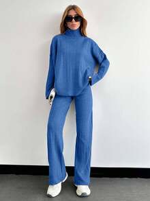 EURMUSE Solid Color Long-Sleeved Sweater And Knitted Trousers Two Pieces Set,Petite,Winter Clothes - Royal Blue - View 7