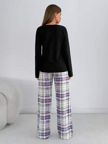 EURMUSE Plaid Pajama Set – Cozy Black Long Sleeve Top & Purple Check Pants Loungewear - Purple - View 2