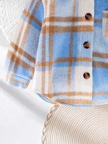 SHEIN Baby Girl In Spring And Autumn, Fashionable, Simple, Retro, Versatile Rose Red Plaid Wool Warm Long-Sleeved Lapel Button-Up Shirt Jacket, Daily Wear - Pink - View 4