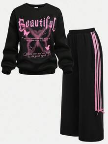 SHEIN Girlism 少女蝴蝶印花连帽衫和运动裤两件套，休闲、街头服饰，返校季 - 黑色 - 查看 16