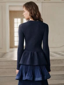 Anewsta Savoree Women's New Elegant & Graceful Flared Hem Cardigan Sweater - Navy Blue - View 3