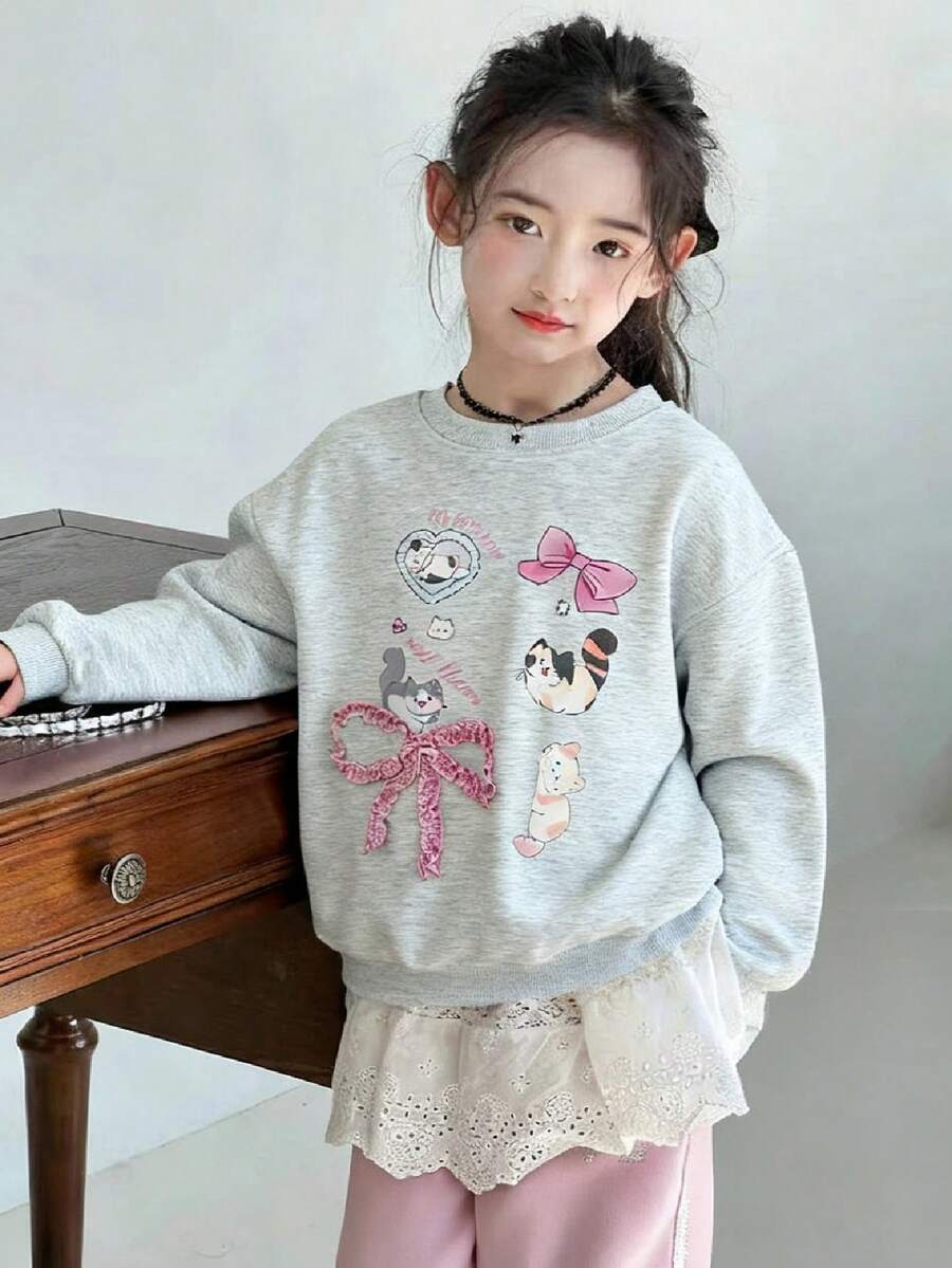 青少年女孩卡通猫咪印花圆领长袖休闲运动衫 - 彩色 - 查看 1