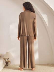 Ocili 女士纯色长袖上衣和裤子家居服套装，冬季服装 - 銅色 - 查看 2