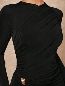Lumalex 女式纯色褶皱修身优雅长袖连衣裙 - 黑色 - 查看 4