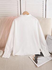 SHEIN Girls' Casual White Shirt, Commuting Leisure Solid Color Lapel Single-Breasted Ruffle Bow Button Practical Regular Blouse Fall Winter - White - View 2