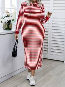 Elenzga Vestido de sudadera casual con capucha con cordón y manga larga a rayas para mujer de talla grande - Rojo - Ver 6