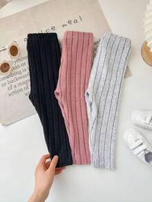 SHEIN Babygirl Versatile Casual Cute Knitted Solid Color Elastic Waist Pants 3-Pack, Solid Color Textured Ripped Leggings 3-Pack, Ripped Trousers 3-Pack, Buy Two Get One Free, Practical Discount, Fashionable Design, Cutting-Edge Fashion Design, Can Be Worn Indoors And Outdoors, Simple Style, Suitable For Indoor, Outdoor, Daily, Sports, Play, Party, Photo, Vacation, Festival - Multicolor - View 2
