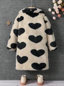 SHEIN 女童爱心图案休闲毛绒外套，保暖舒适，时尚百搭，适合日常休闲穿着，中长款翻领长袖抓绒外套，冬季适用，也适合万圣节、开学季、母女亲子装等场合。 - 彩色 - 查看 2