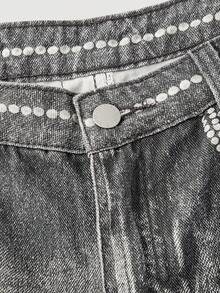 SHEIN MOD Women's Bow Decor Wide Leg Loose Casual Denim Pants Embellished Jeans Jeans With Designs Jeans Wide Leg Graphic Jeans Women Grey Wide Leg Jeans With White Lace And Pearl Embellished Pattern Casual Denim Trousers  Fall Clothes For Women Casual Jeans For Ladies Party Pants Christmas Clothes - Dark Grey - View 4