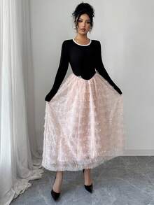 DAZY Vestido de suéter de cuello redondo con volantes y parches de lentejuelas elegantes para mujer, otoño - Rosa - Ver 4